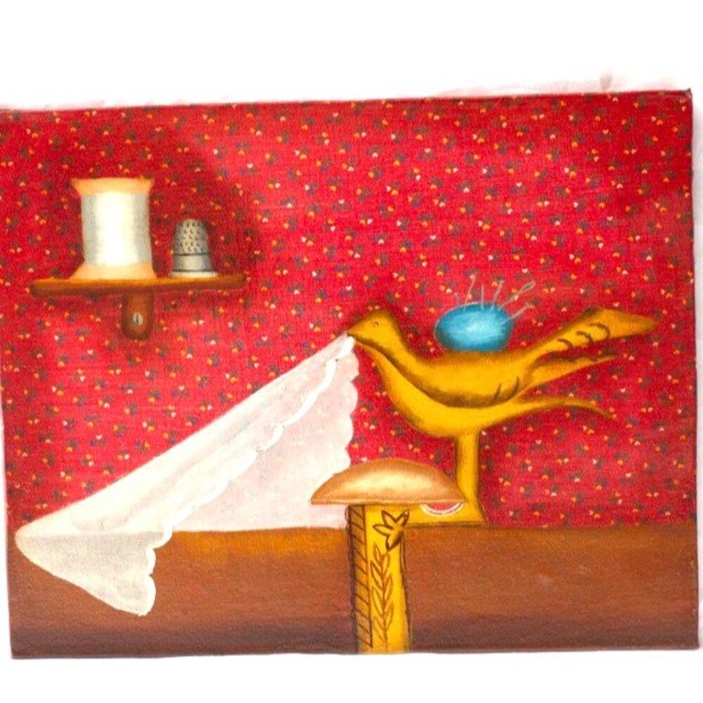 Vintage Glazed Oil Art Painting Stylized Golden Whimsical Bird Tailoring Motif